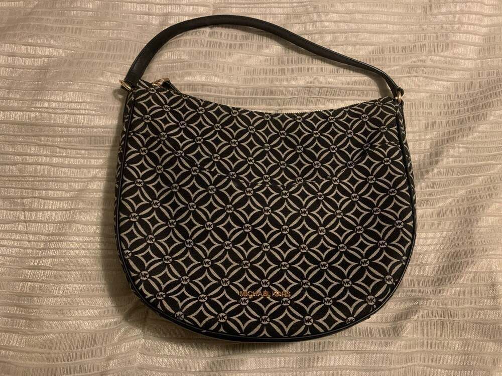 Michael Kors Dover Large Half Moon Shoulder Bag in Signature Jacquard Black/Wht